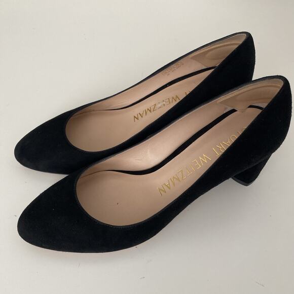Stuart Weitzman Amatta Black Suede Pump 2" Block Heel Almond Toe 6 - Picture 6 of 11